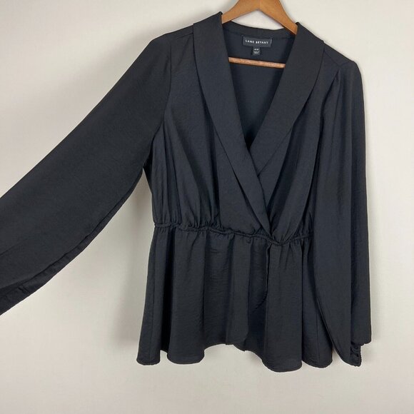 𝅺Lane Bryant Blouse Womens 10/12 Black Long Sleeve Faux Wrap V-Neck‎ Top - Picture 3 of 12